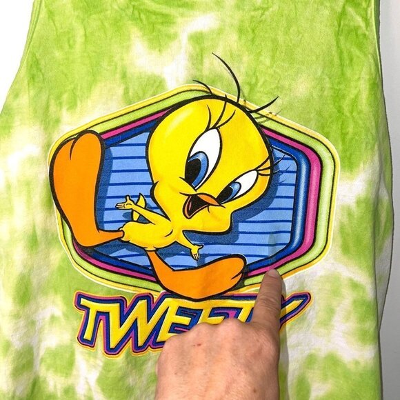 Looney Tunes Womens Swim Coverup Tank Top Vintage 90s Tweety Bird Tie Dye Green - Picture 6 of 9